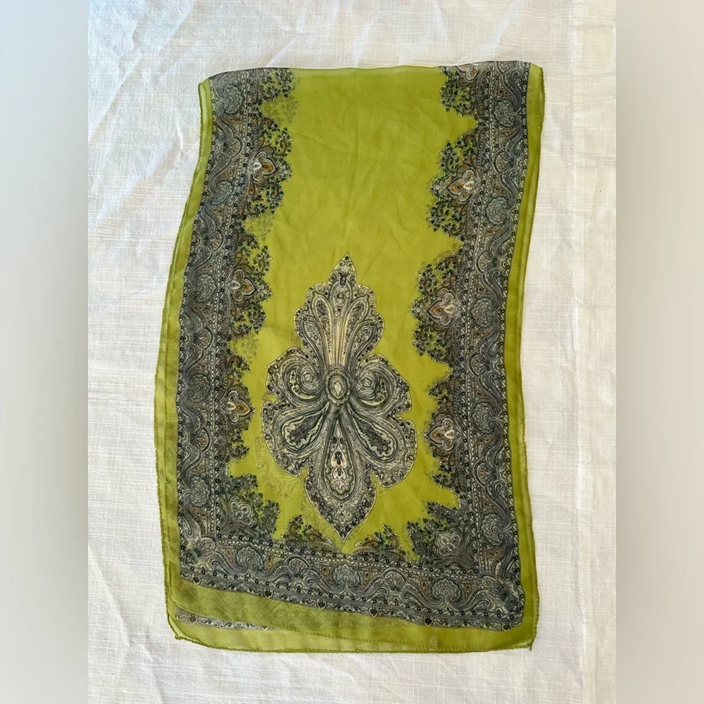 Paisley Rectangular Scarf Semi Sheer Chiffon-like Chartreuse